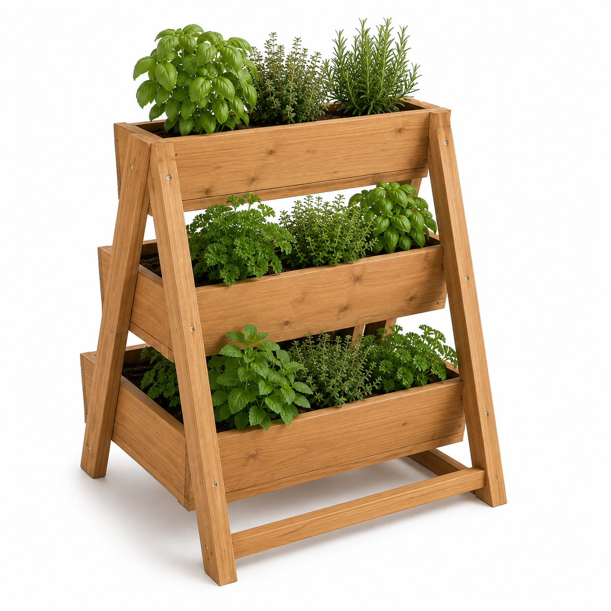 Dreistufiger Kräutergarten aus Holz für Balkon und Küche