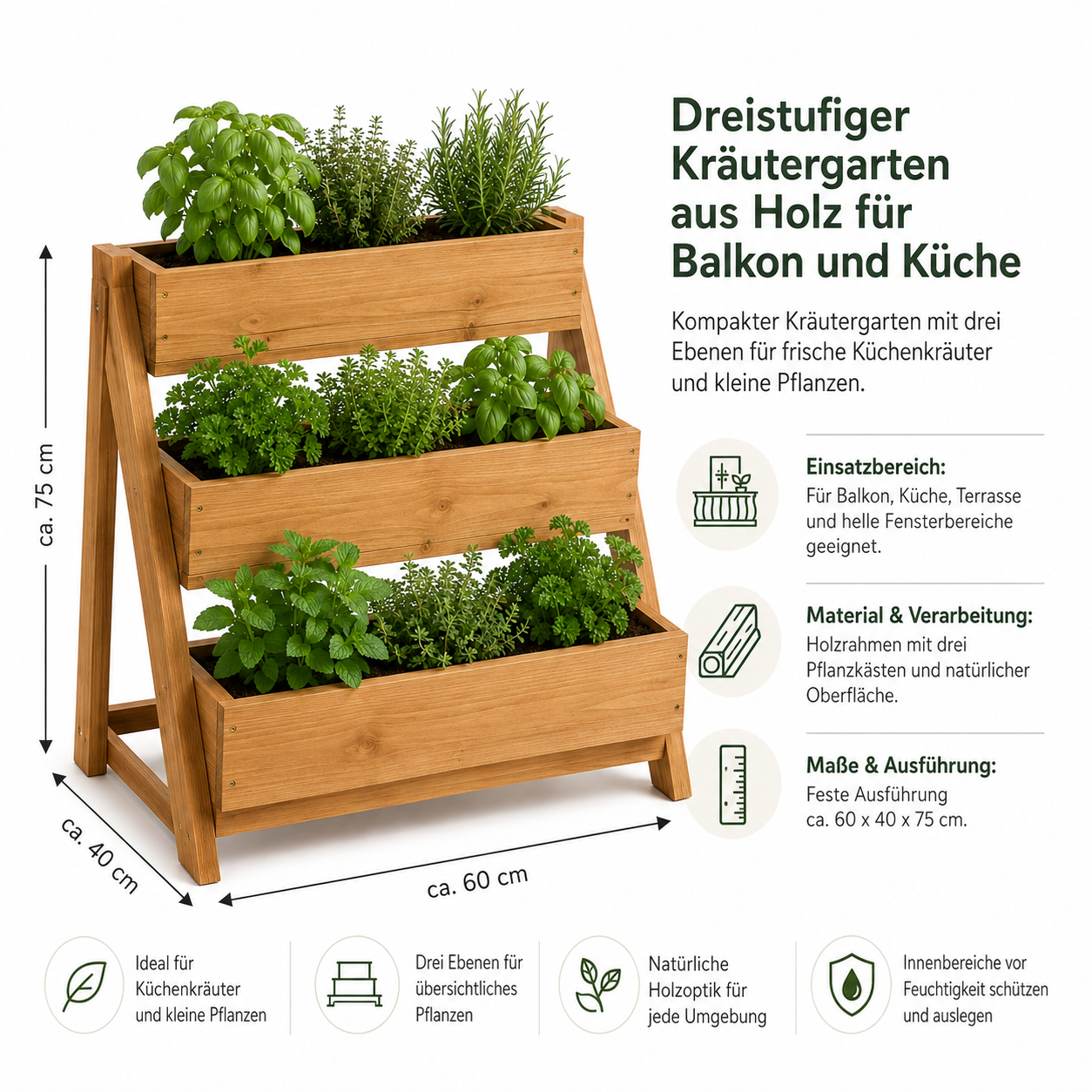 Dreistufiger Kräutergarten aus Holz für Balkon und Küche