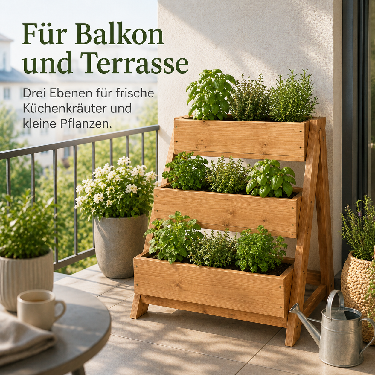 Dreistufiger Kräutergarten aus Holz für Balkon und Küche