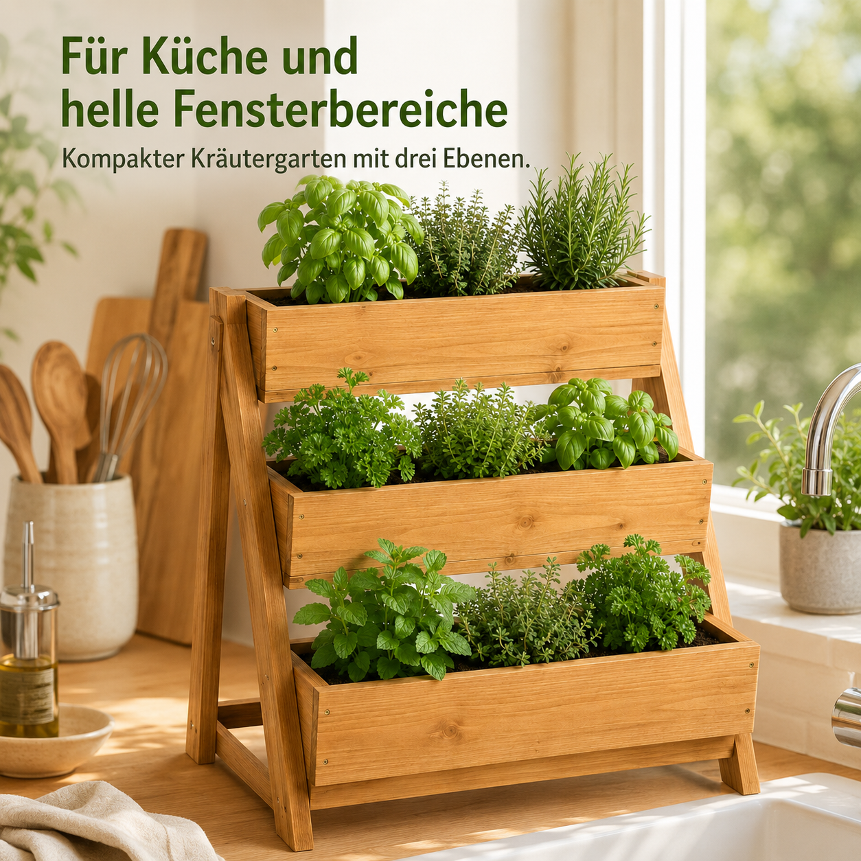 Dreistufiger Kräutergarten aus Holz für Balkon und Küche