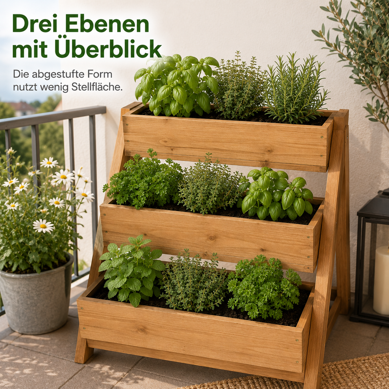 Dreistufiger Kräutergarten aus Holz für Balkon und Küche