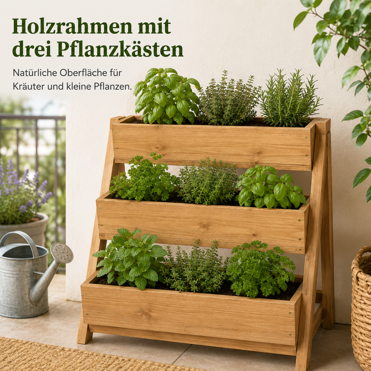 Dreistufiger Kräutergarten aus Holz für Balkon und Küche