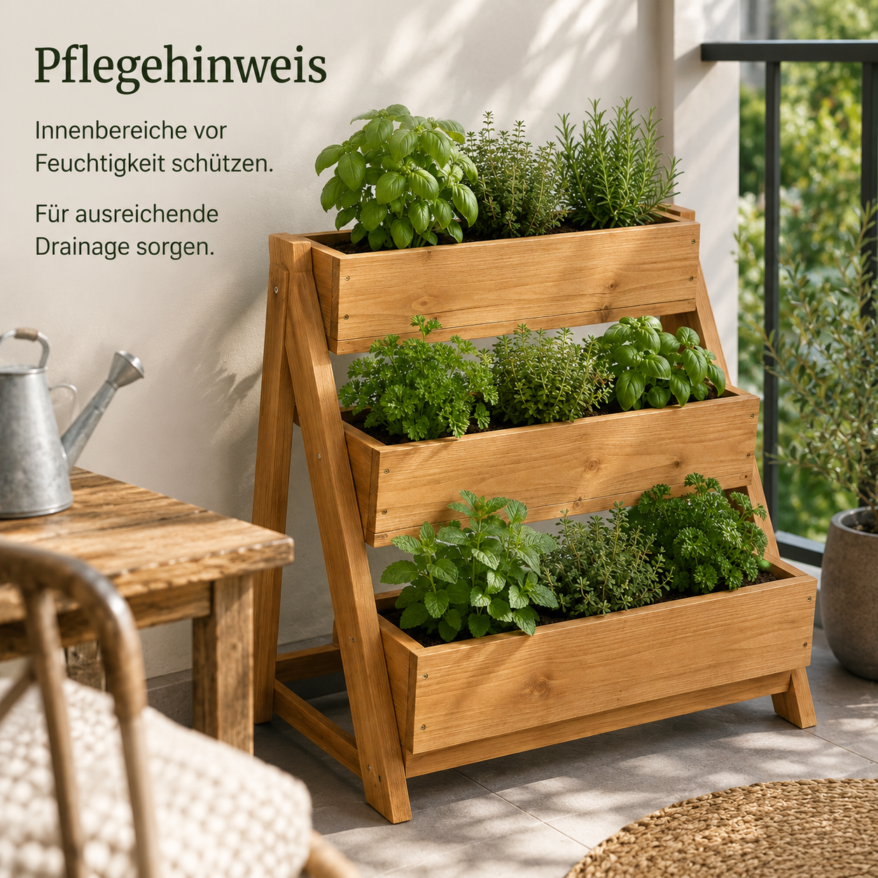 Dreistufiger Kräutergarten aus Holz für Balkon und Küche