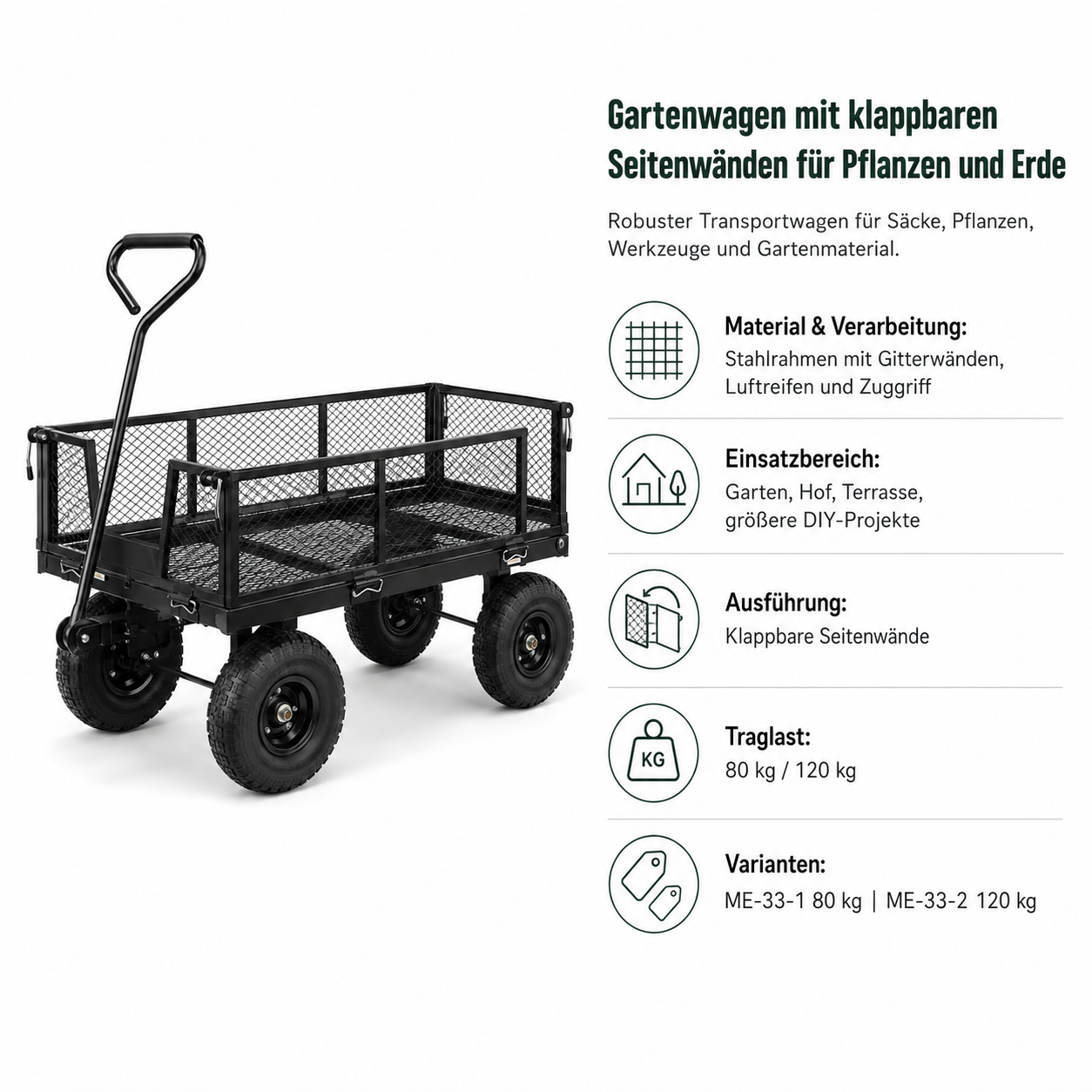 Gartenwagen mit klappbaren Seitenwänden für Pflanzen und Erde