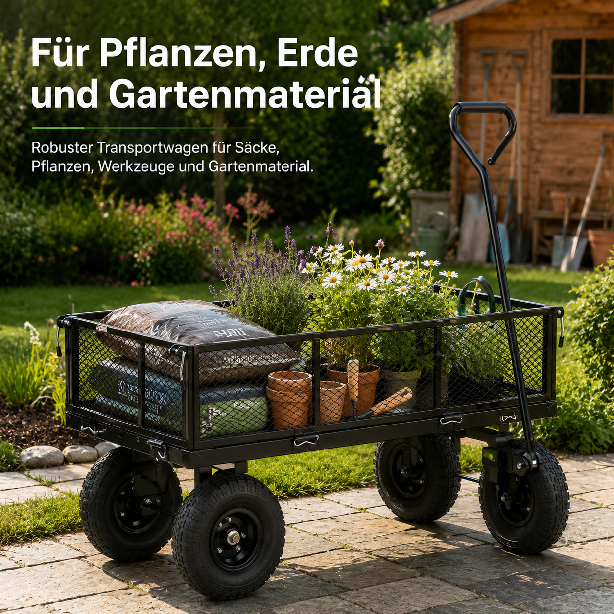 Gartenwagen mit klappbaren Seitenwänden für Pflanzen und Erde