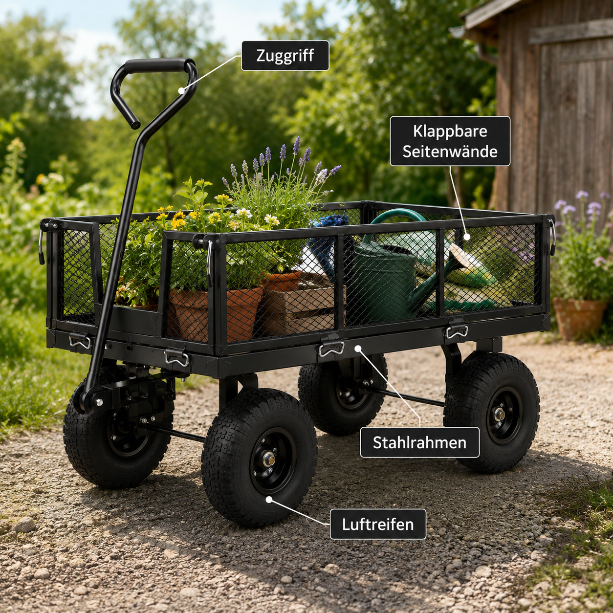 Gartenwagen mit klappbaren Seitenwänden für Pflanzen und Erde