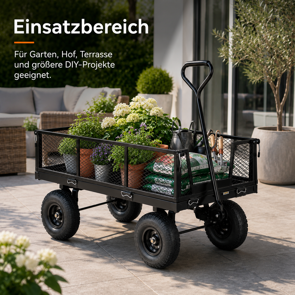 Gartenwagen mit klappbaren Seitenwänden für Pflanzen und Erde