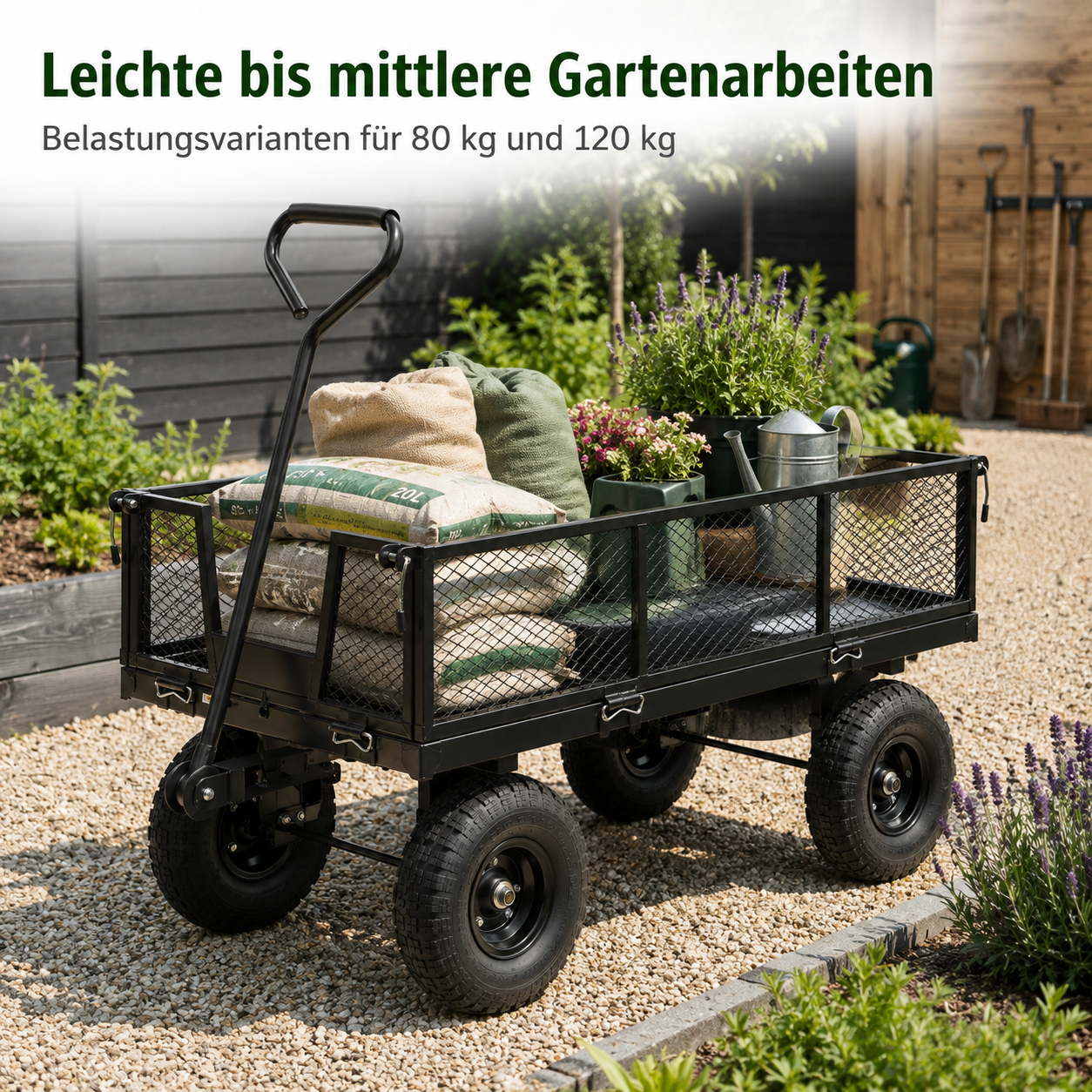Gartenwagen mit klappbaren Seitenwänden für Pflanzen und Erde