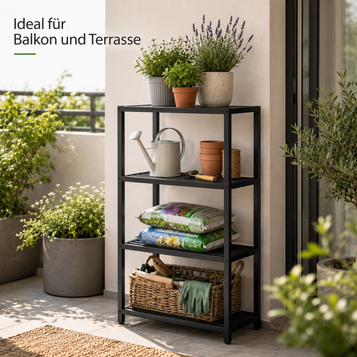 Outdoor Regal aus Metall in Schwarz für Töpfe und Gartenzubehör