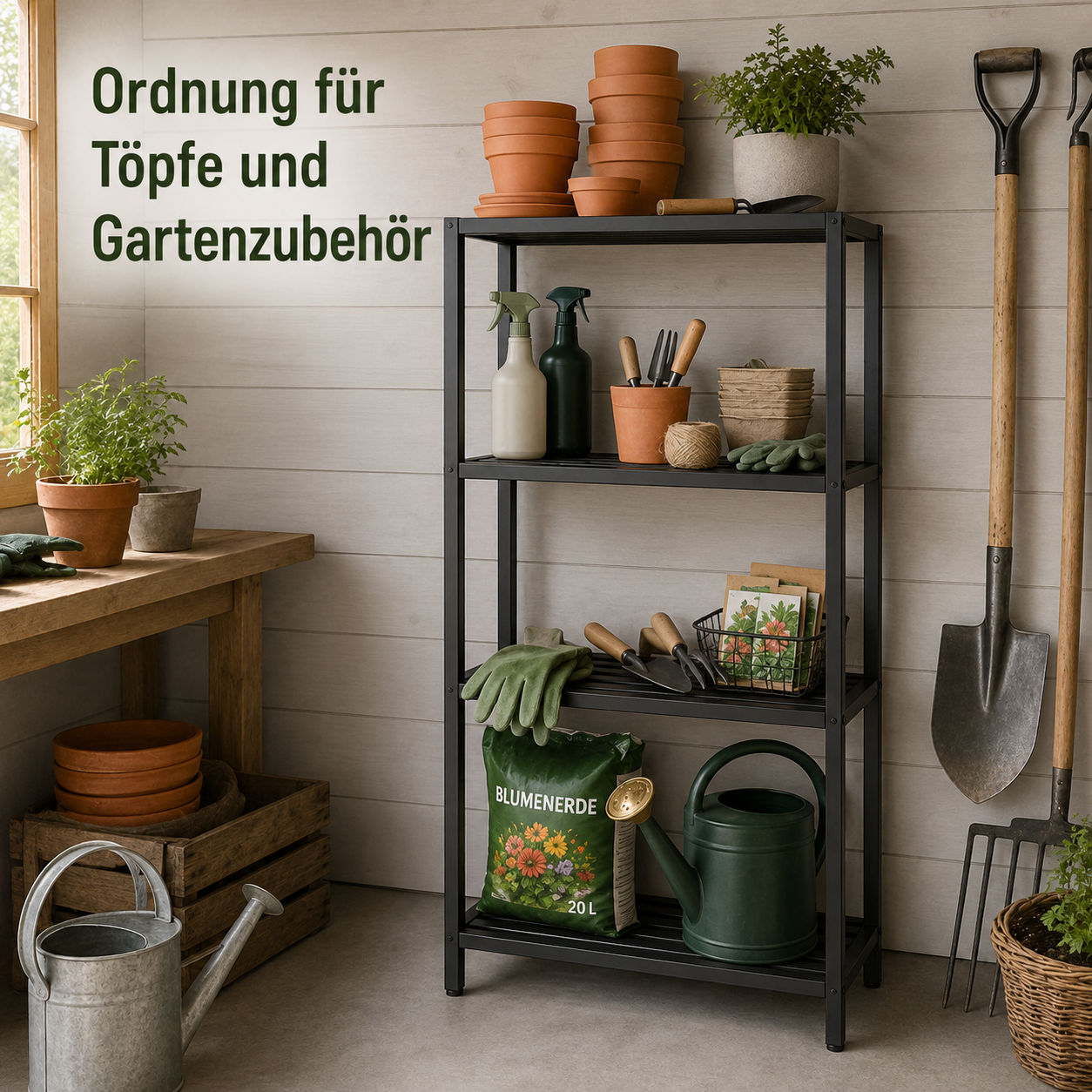 Outdoor Regal aus Metall in Schwarz für Töpfe und Gartenzubehör