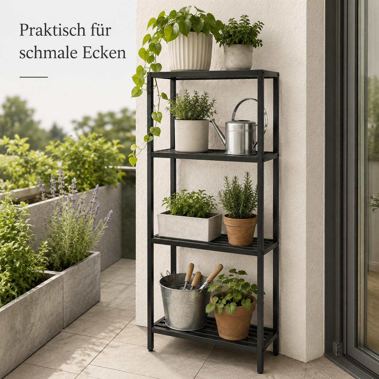 Outdoor Regal aus Metall in Schwarz für Töpfe und Gartenzubehör