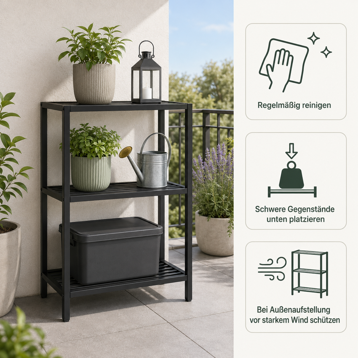 Outdoor Regal aus Metall in Schwarz für Töpfe und Gartenzubehör