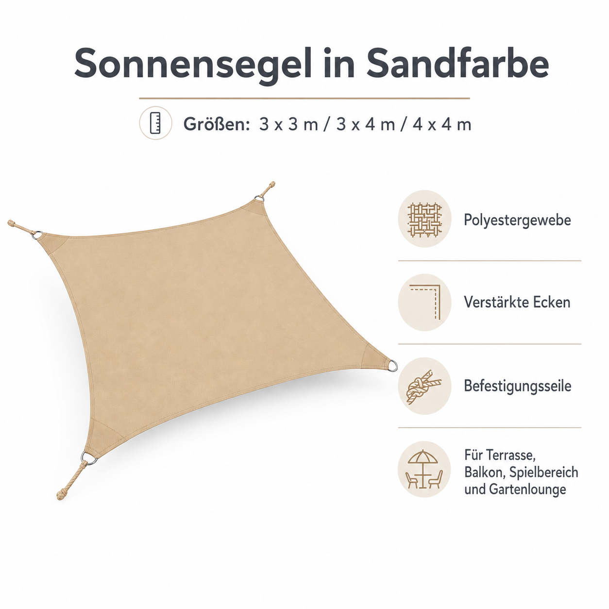 Sonnensegel in Sandfarbe mit Sonnenschutz Funktion für Terrasse und Spielbereich