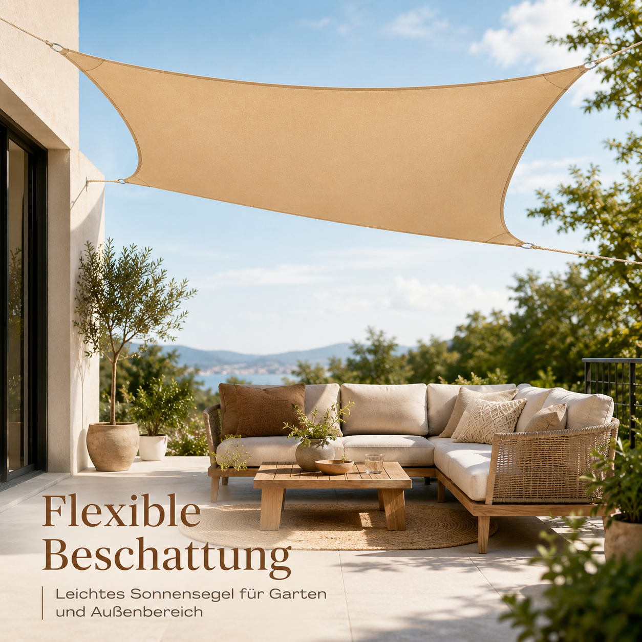 Sonnensegel in Sandfarbe mit Sonnenschutz Funktion für Terrasse und Spielbereich