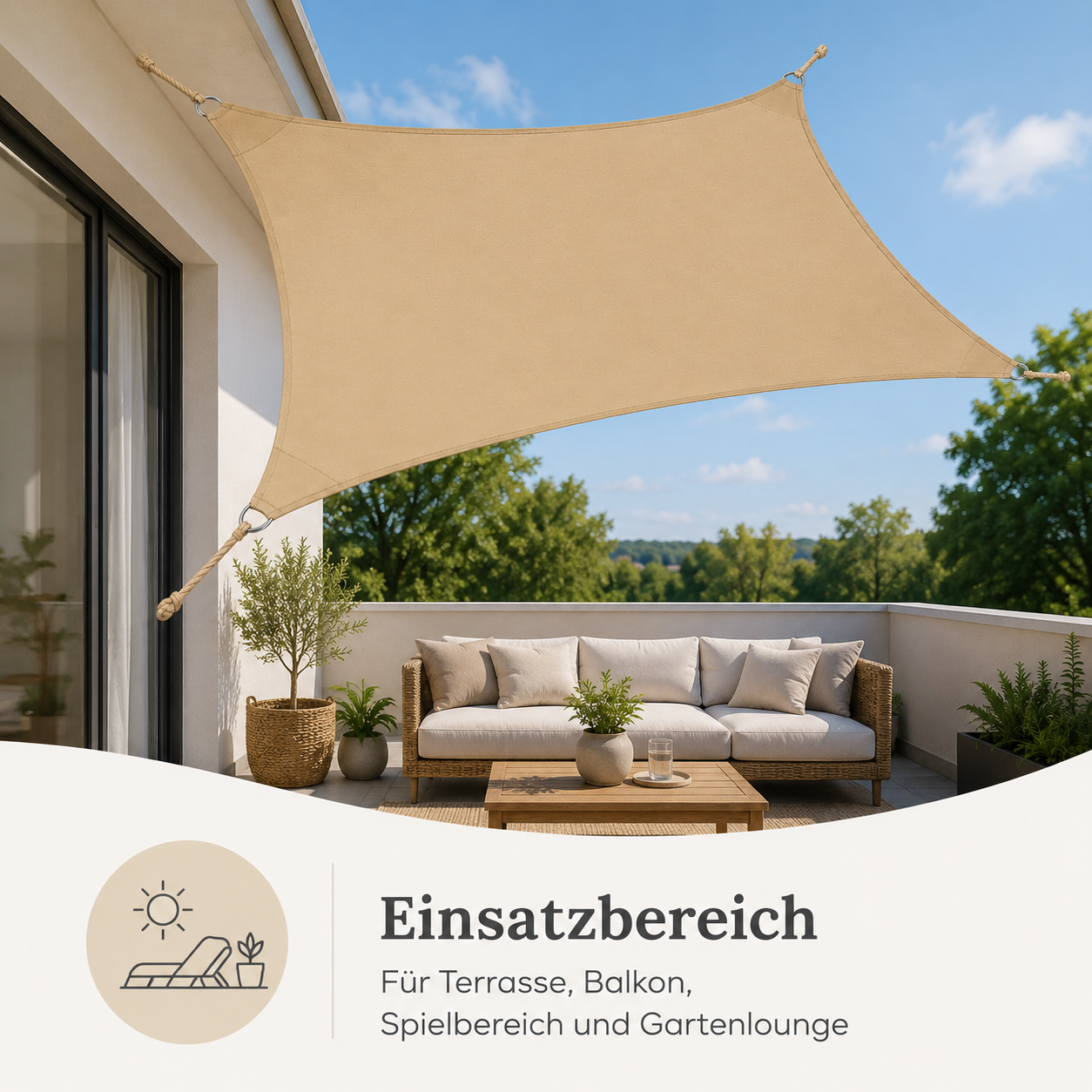 Sonnensegel in Sandfarbe mit Sonnenschutz Funktion für Terrasse und Spielbereich
