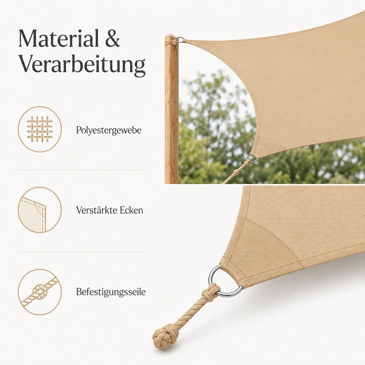 Sonnensegel in Sandfarbe mit Sonnenschutz Funktion für Terrasse und Spielbereich