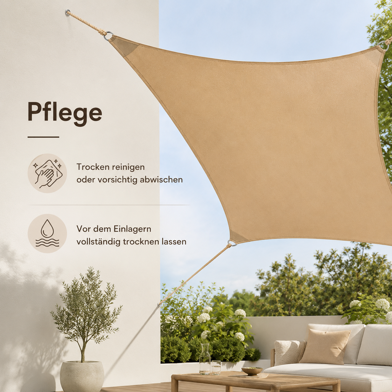 Sonnensegel in Sandfarbe mit Sonnenschutz Funktion für Terrasse und Spielbereich