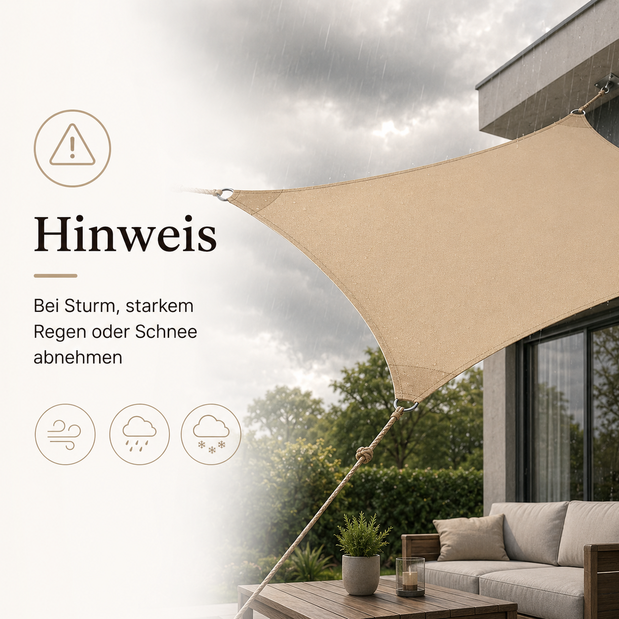 Sonnensegel in Sandfarbe mit Sonnenschutz Funktion für Terrasse und Spielbereich