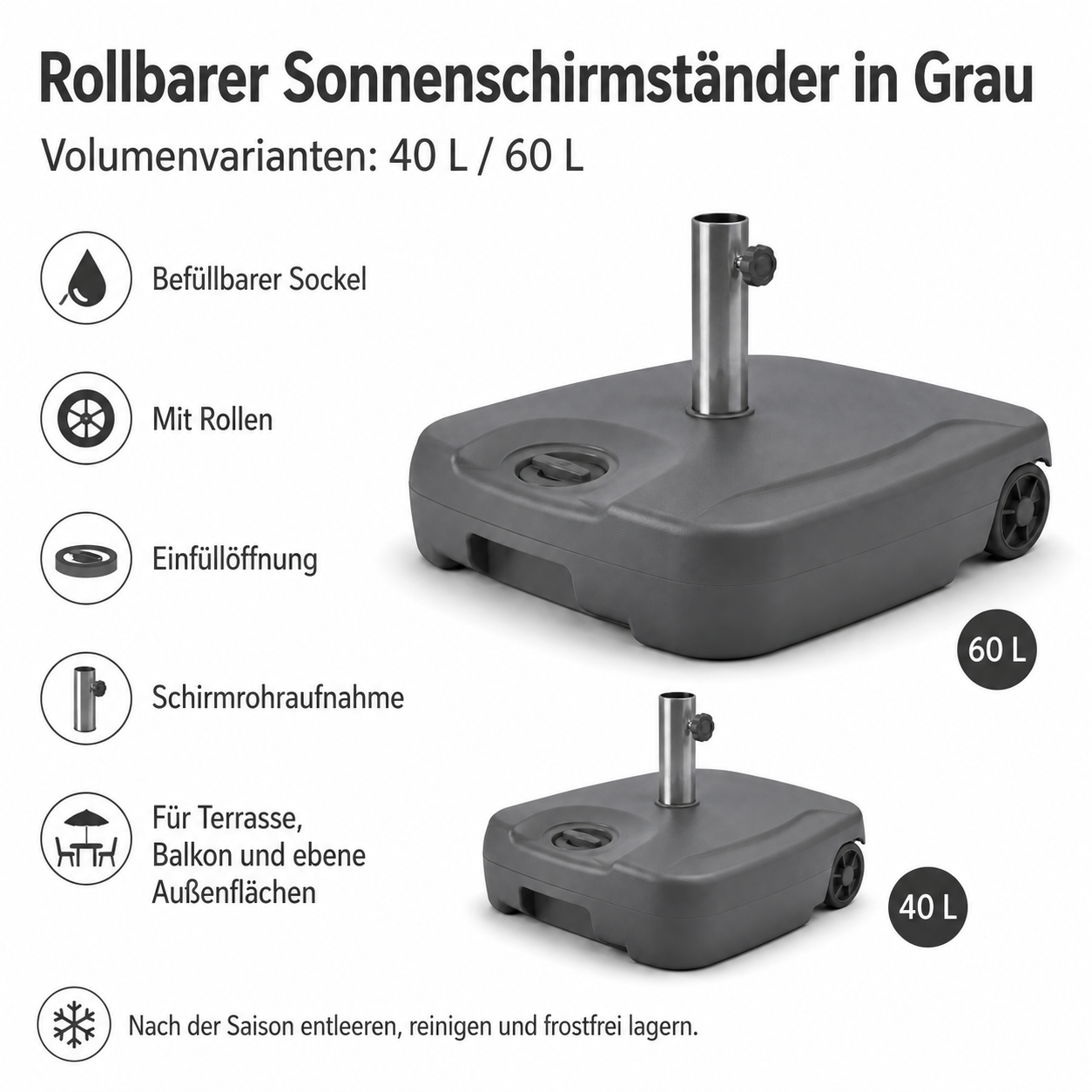 Rollbarer Sonnenschirmständer in Grau mit befüllbarem Sockel