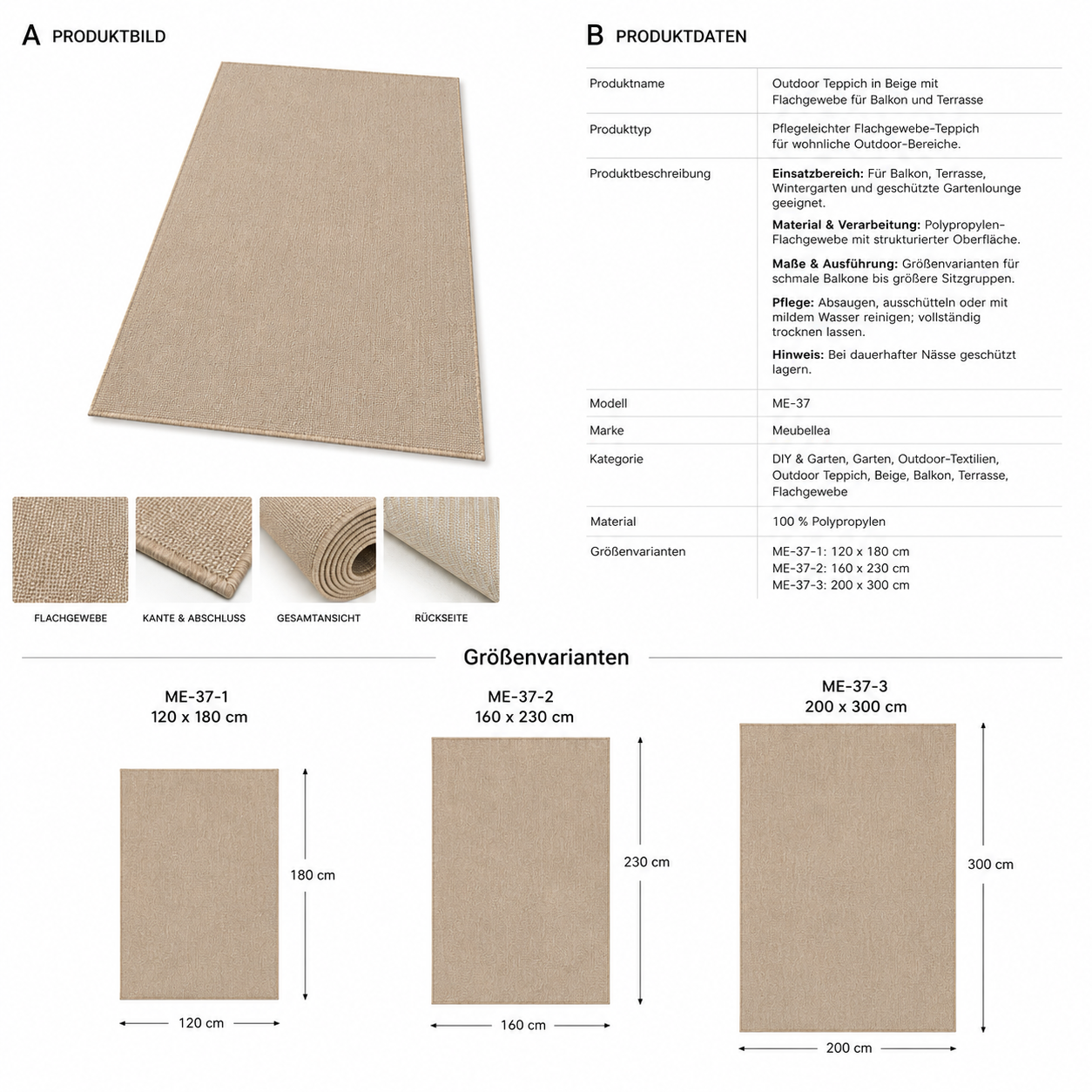 Outdoor Teppich in Beige mit Flachgewebe für Balkon und Terrasse