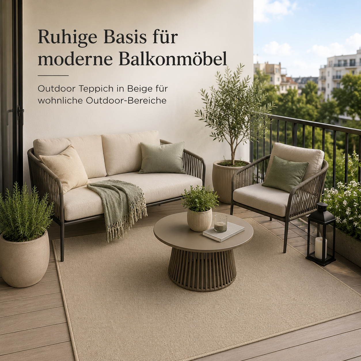 Outdoor Teppich in Beige mit Flachgewebe für Balkon und Terrasse