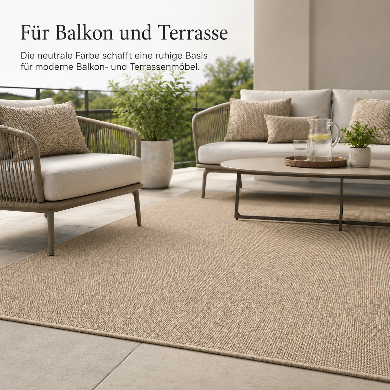 Outdoor Teppich in Beige mit Flachgewebe für Balkon und Terrasse
