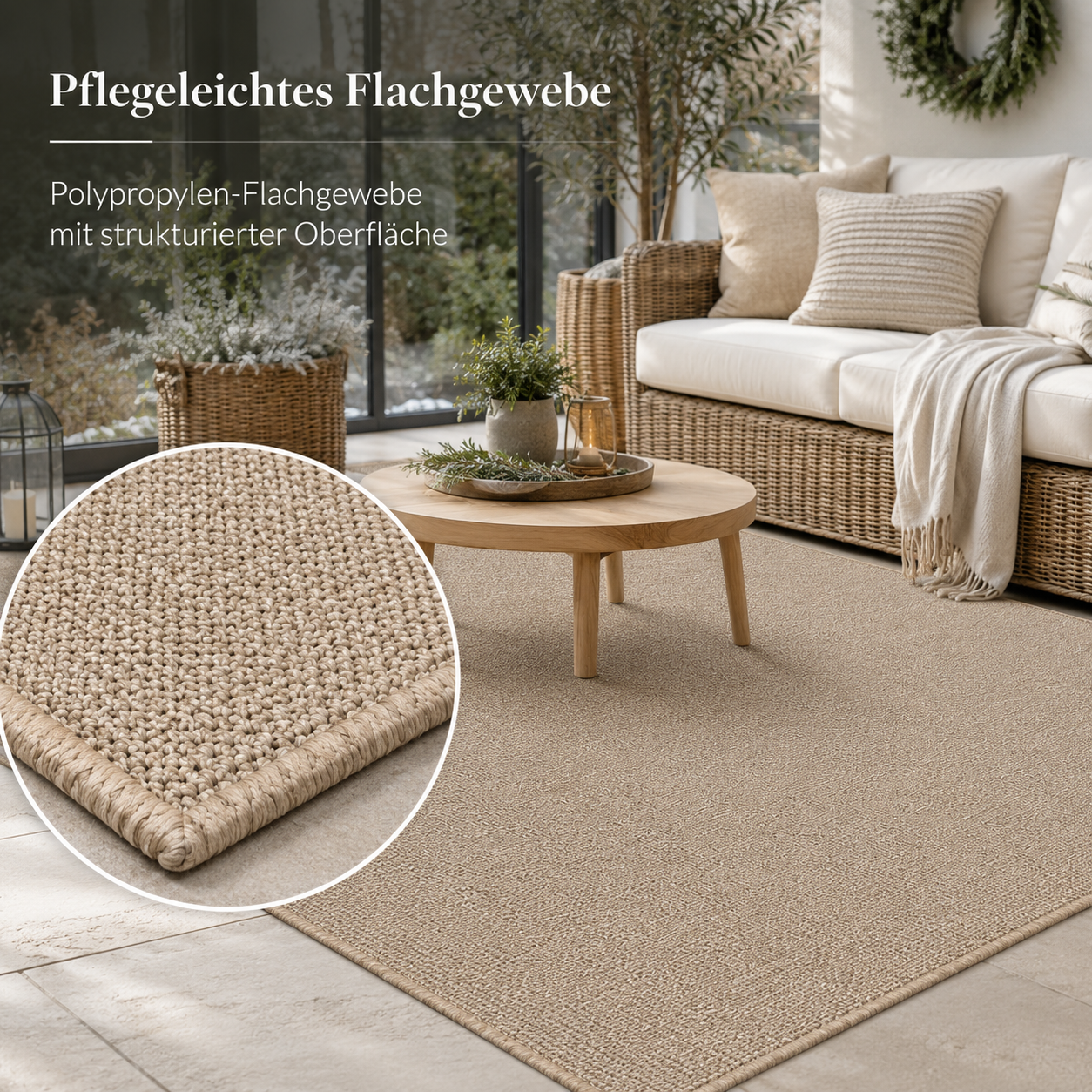 Outdoor Teppich in Beige mit Flachgewebe für Balkon und Terrasse