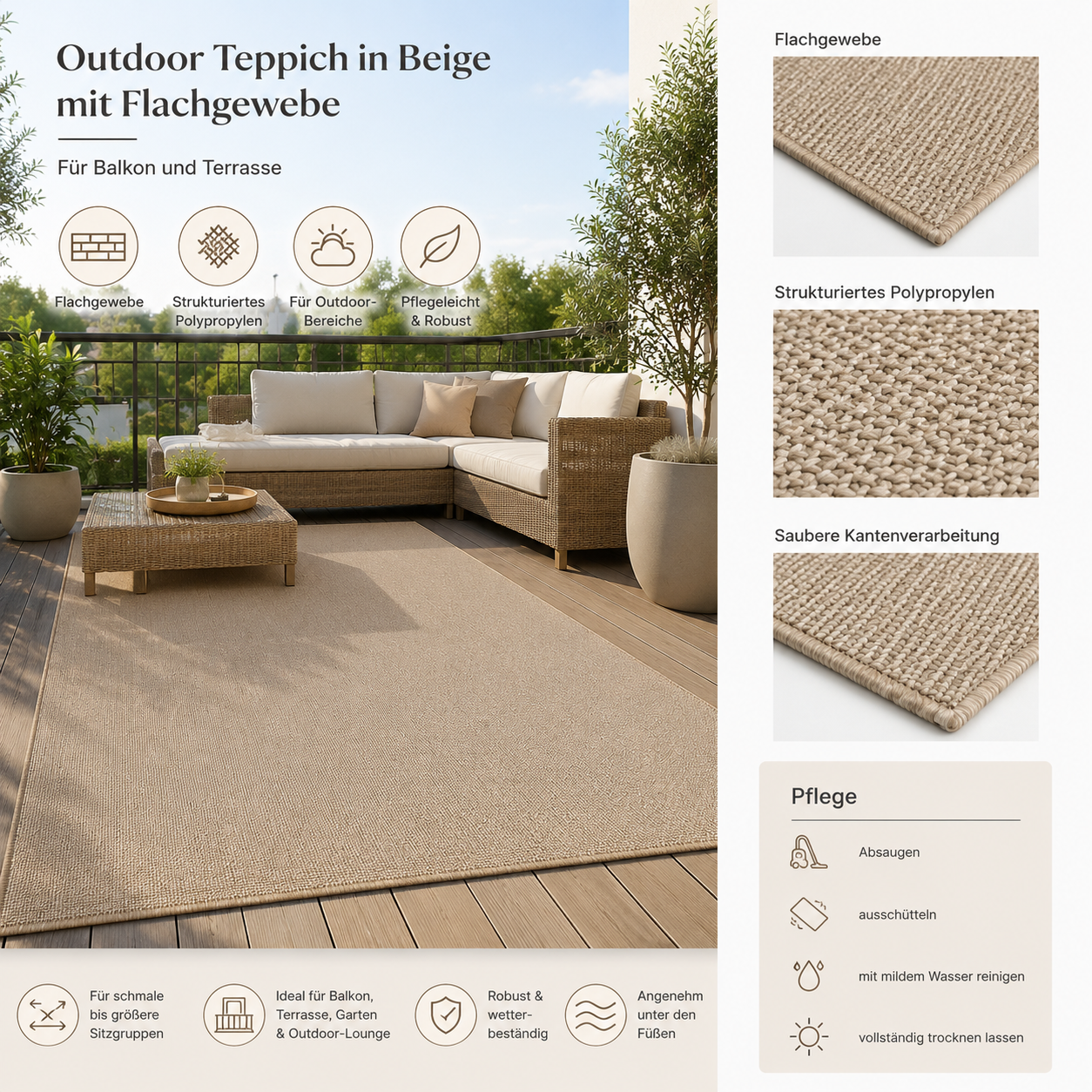 Outdoor Teppich in Beige mit Flachgewebe für Balkon und Terrasse