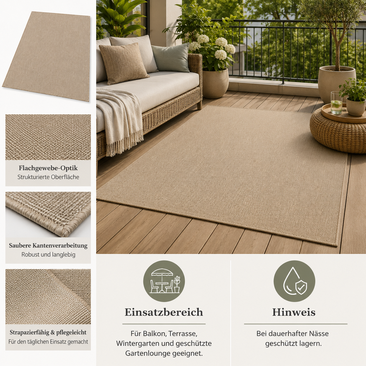 Outdoor Teppich in Beige mit Flachgewebe für Balkon und Terrasse