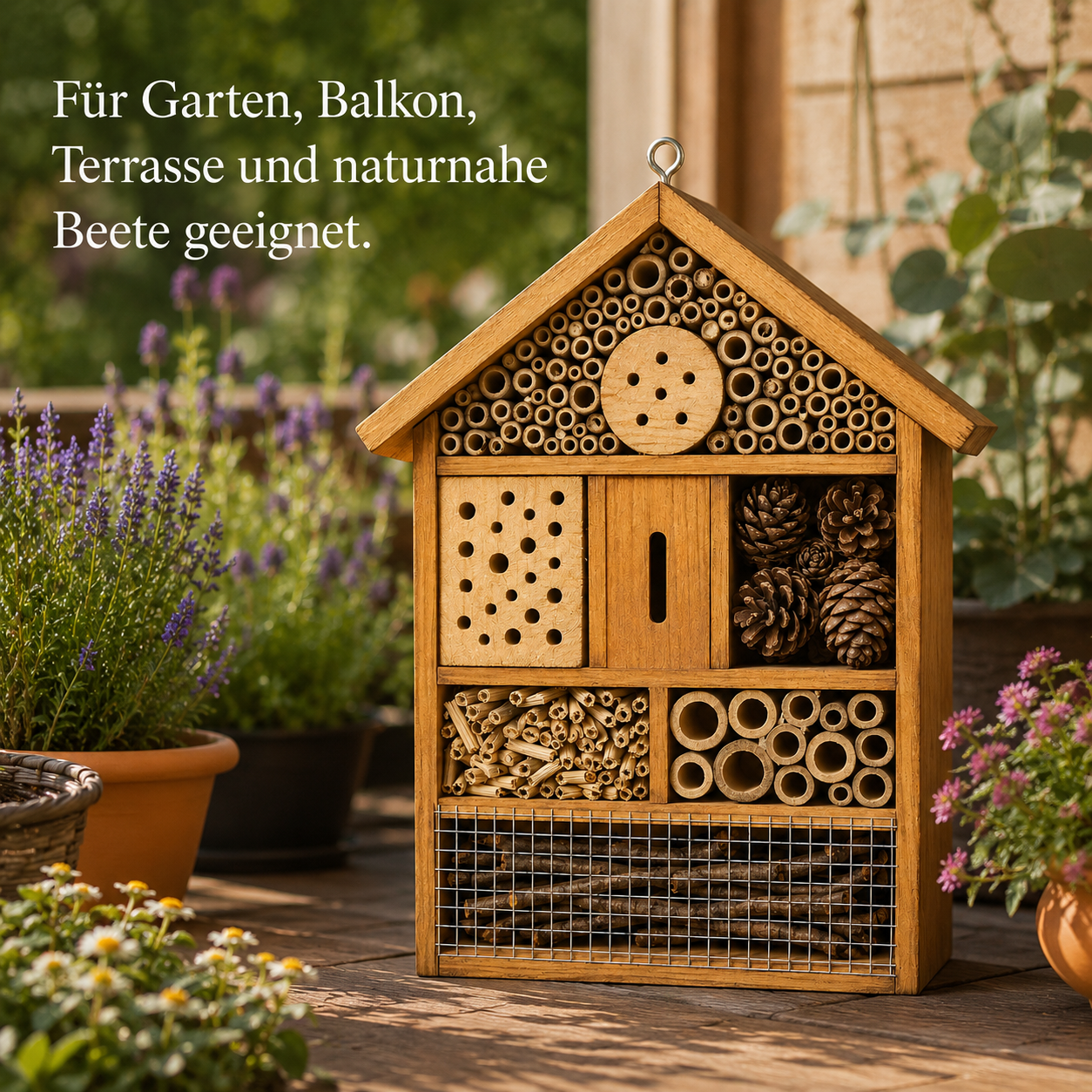 Insektenhotel aus Holz für Wildbienen und Nützlinge