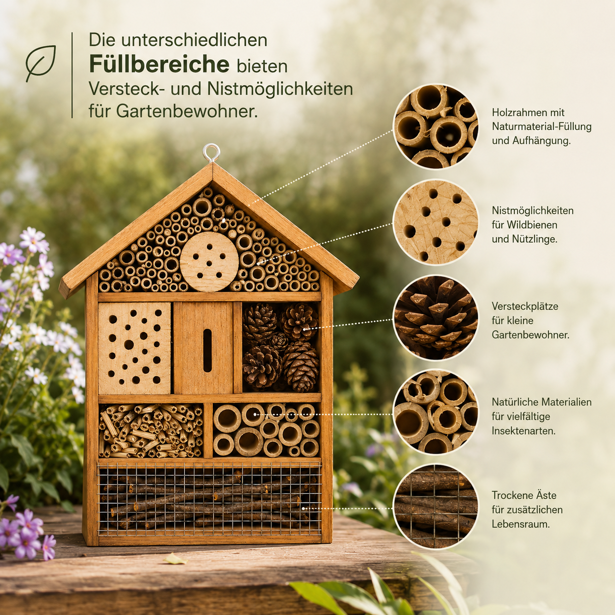 Insektenhotel aus Holz für Wildbienen und Nützlinge