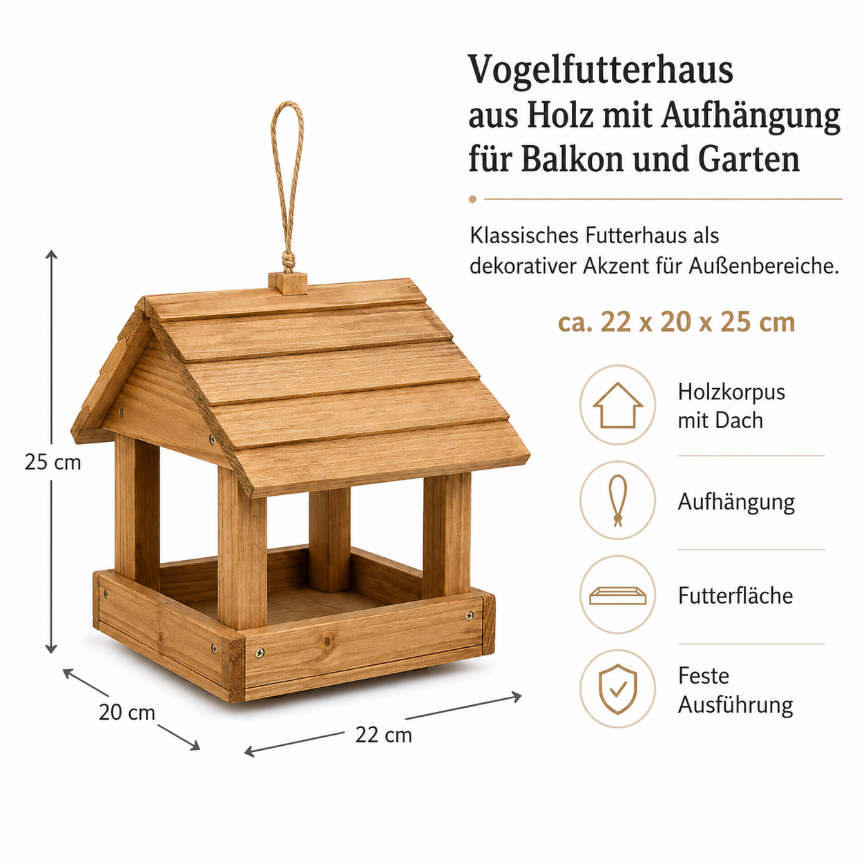 Vogelfutterhaus aus Holz mit Aufhängung für Balkon und Garten
