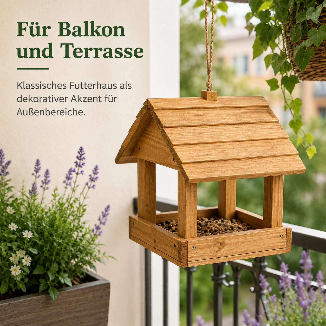 Vogelfutterhaus aus Holz mit Aufhängung für Balkon und Garten