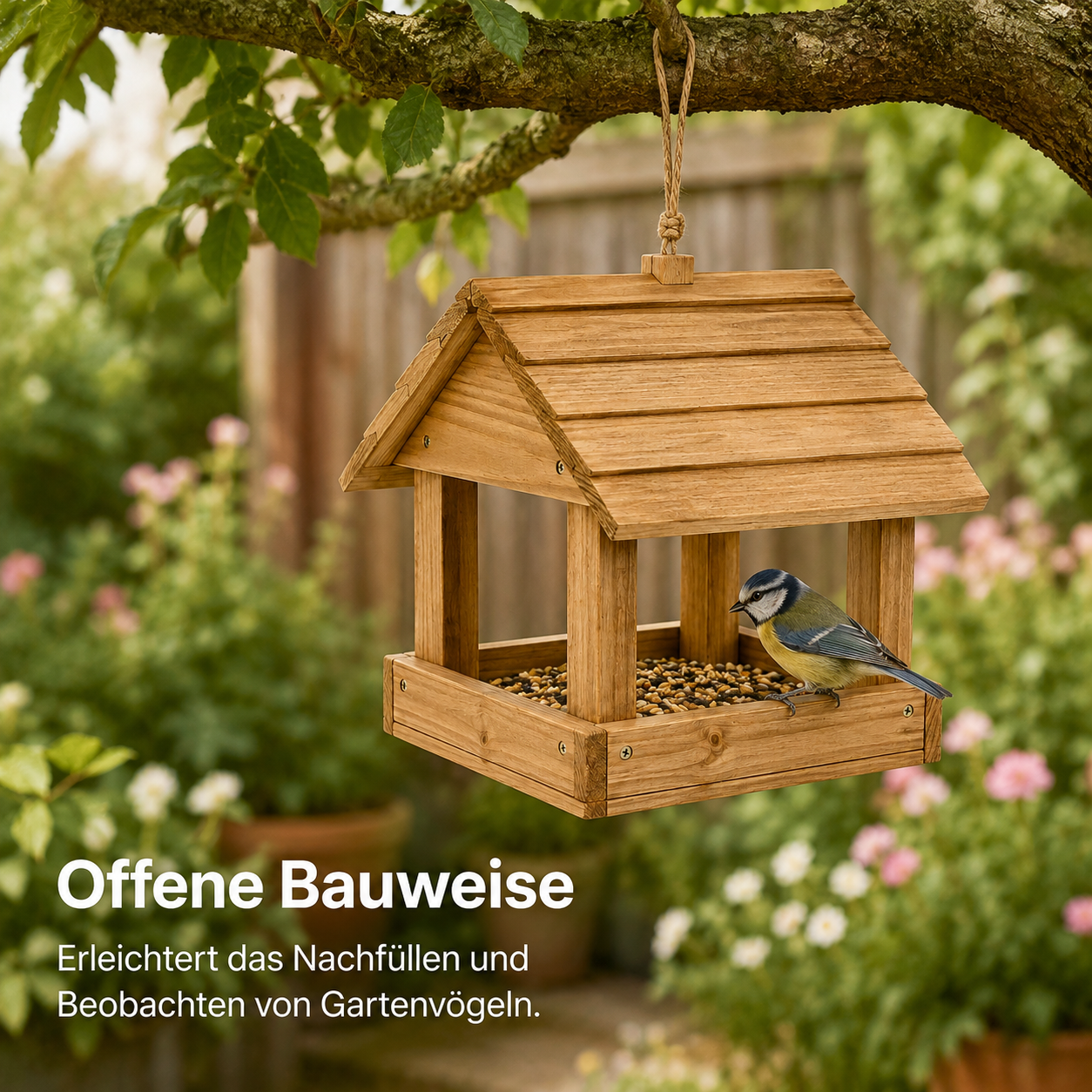 Vogelfutterhaus aus Holz mit Aufhängung für Balkon und Garten