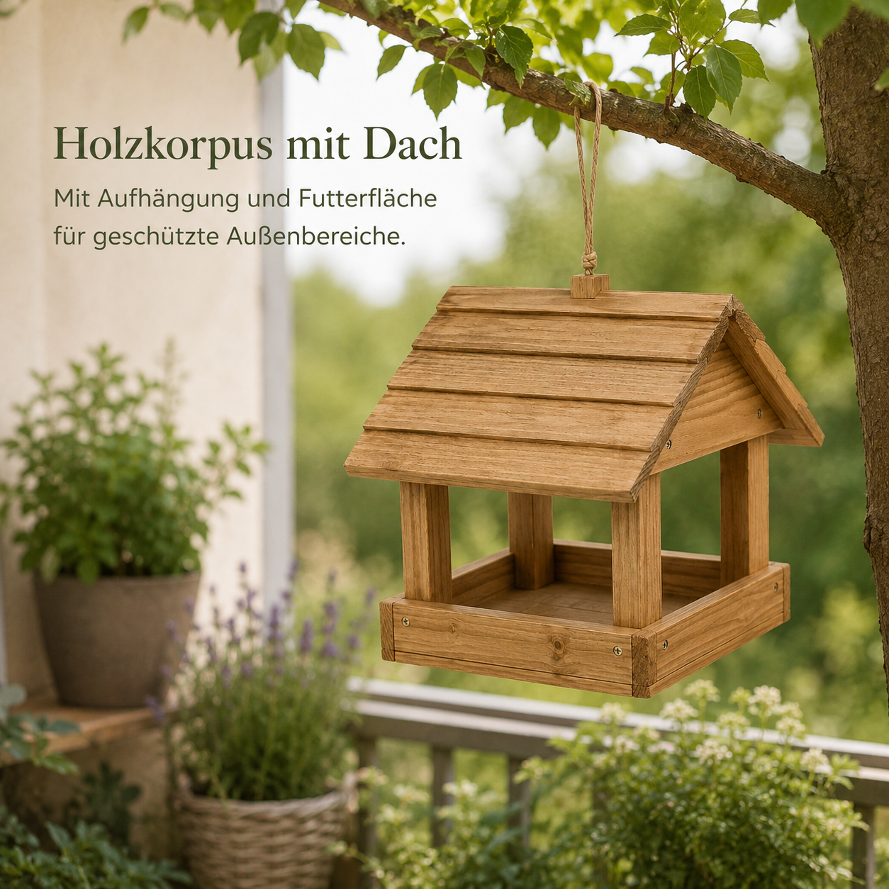 Vogelfutterhaus aus Holz mit Aufhängung für Balkon und Garten