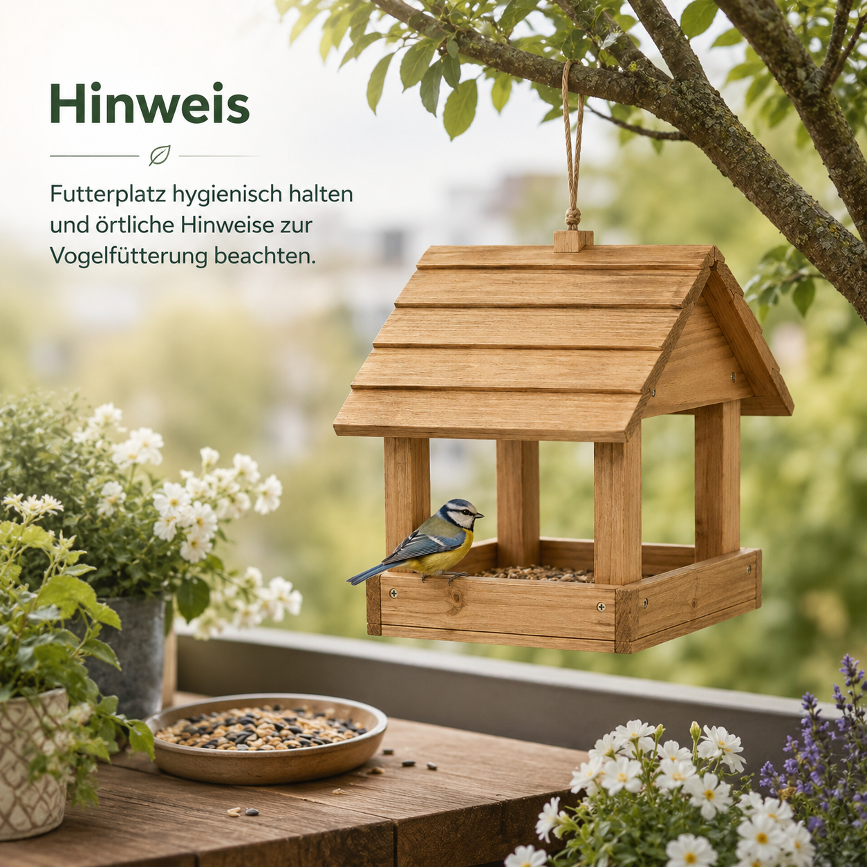 Vogelfutterhaus aus Holz mit Aufhängung für Balkon und Garten