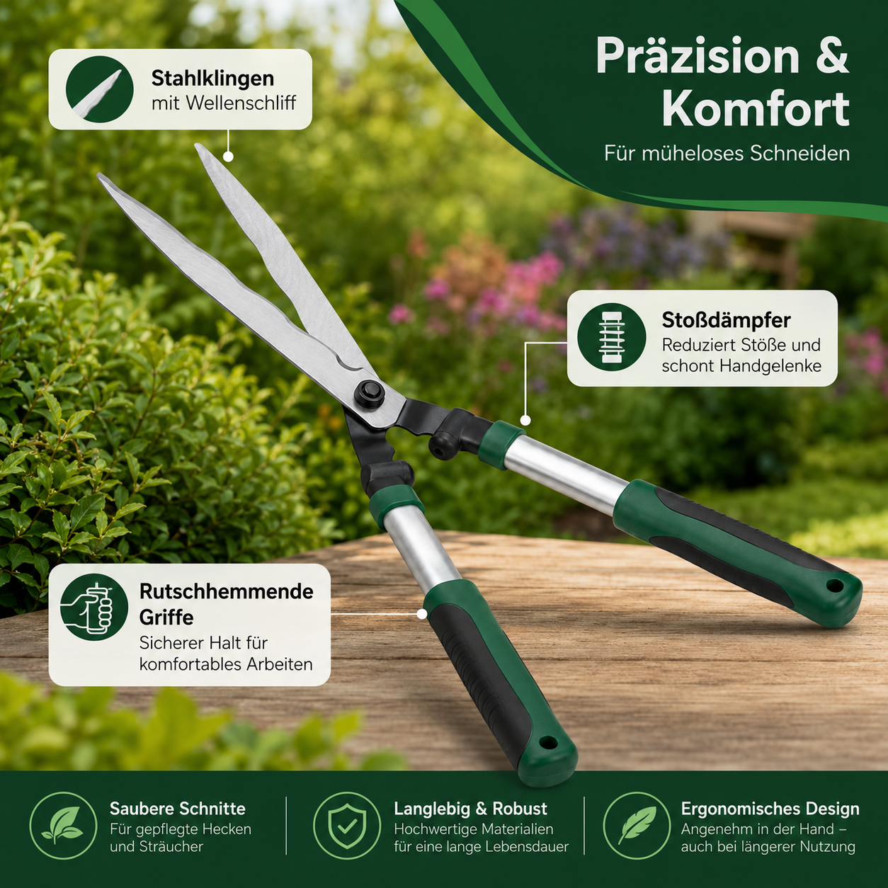 Ergonomische Heckenschere mit Wellenschliff für Gartenpflege