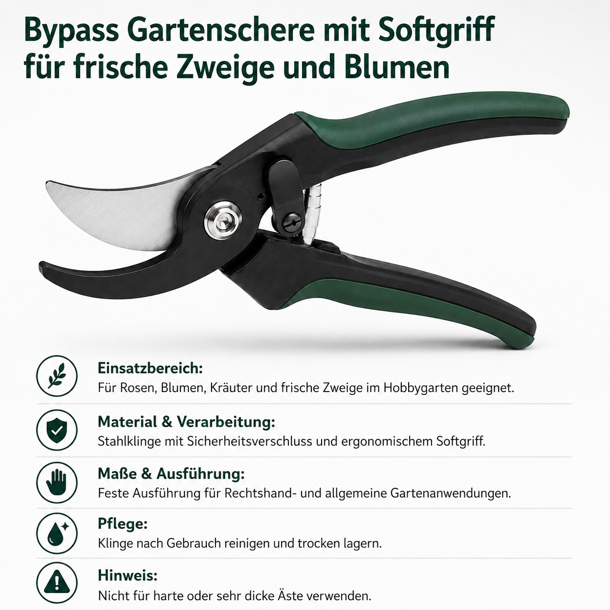 Bypass Gartenschere mit Softgriff für frische Zweige und Blumen