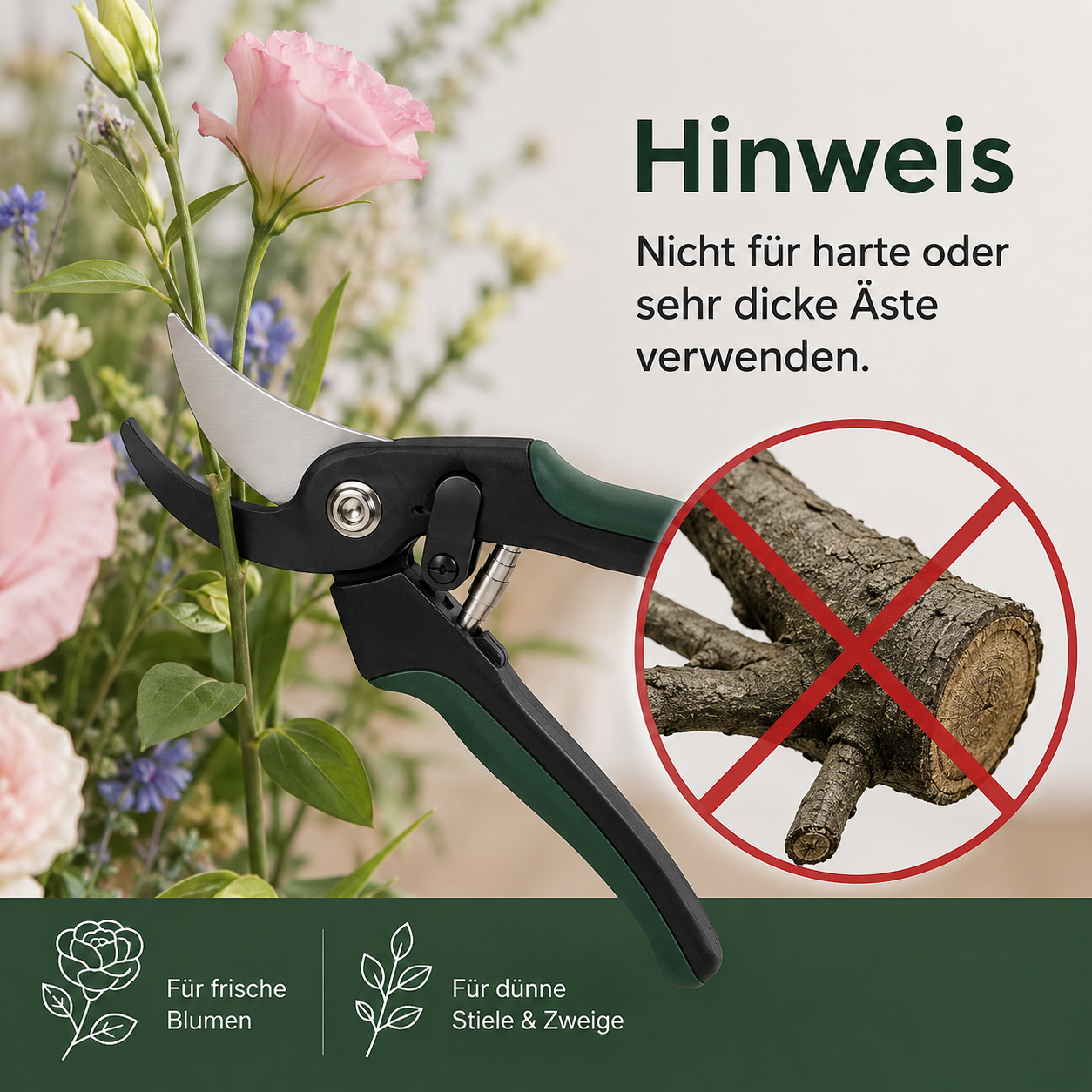 Bypass Gartenschere mit Softgriff für frische Zweige und Blumen