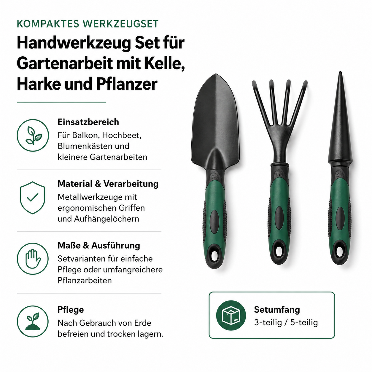 Handwerkzeug Set für Gartenarbeit mit Kelle Harke und Pflanzer