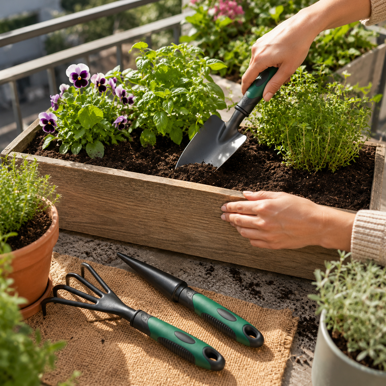 Handwerkzeug Set für Gartenarbeit mit Kelle Harke und Pflanzer