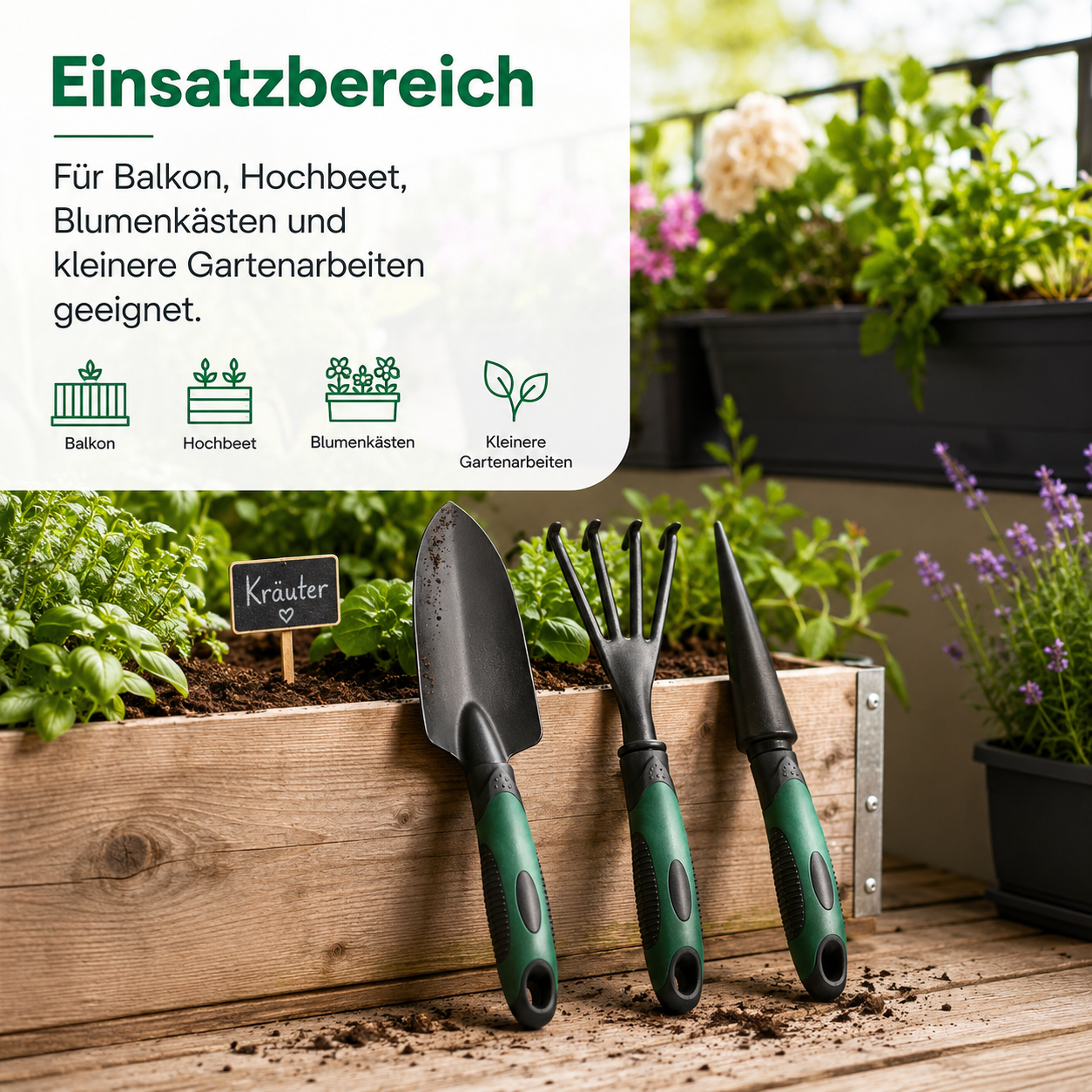 Handwerkzeug Set für Gartenarbeit mit Kelle Harke und Pflanzer