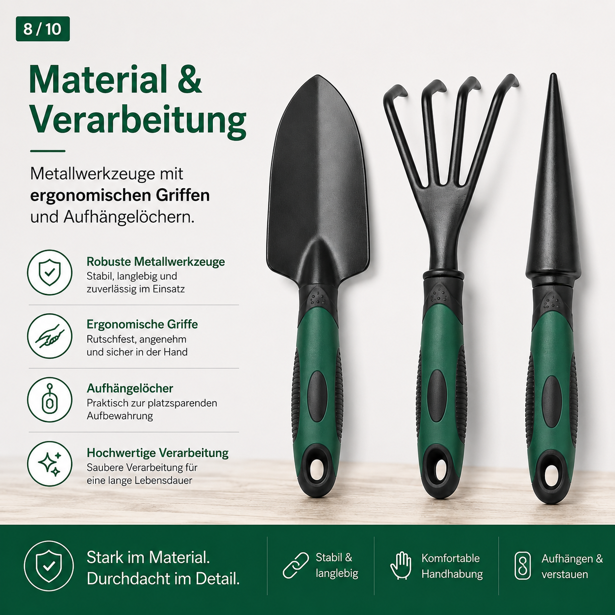 Handwerkzeug Set für Gartenarbeit mit Kelle Harke und Pflanzer