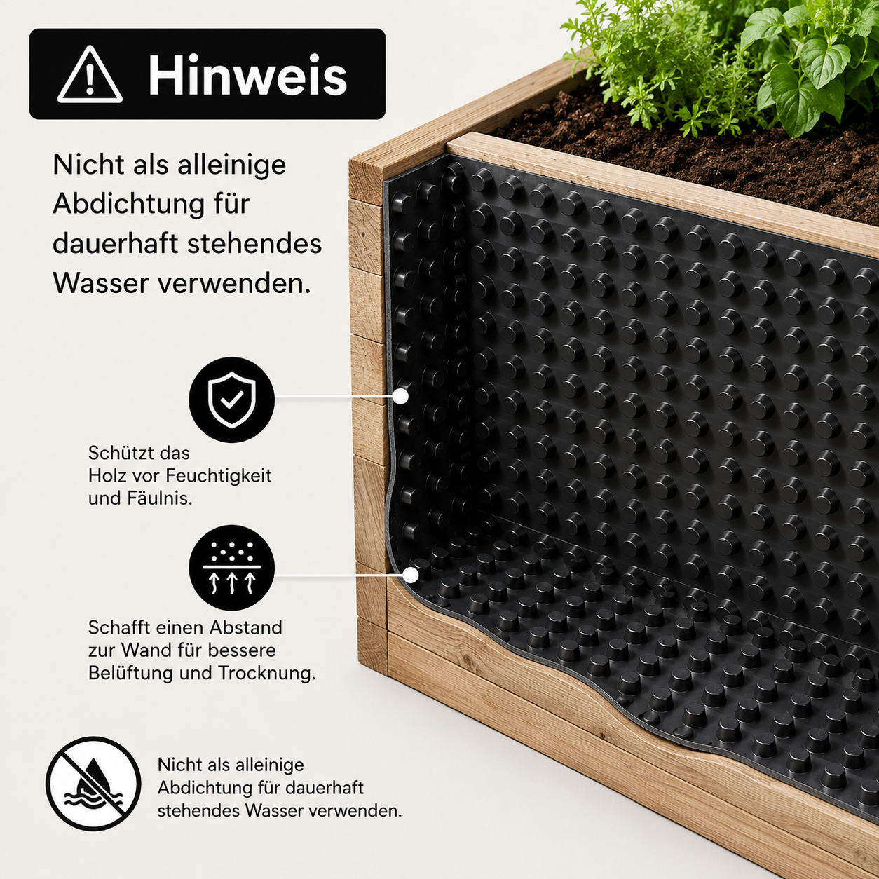 Hochbeet Folie aus Noppenmaterial zum Schutz von Holzbeeten