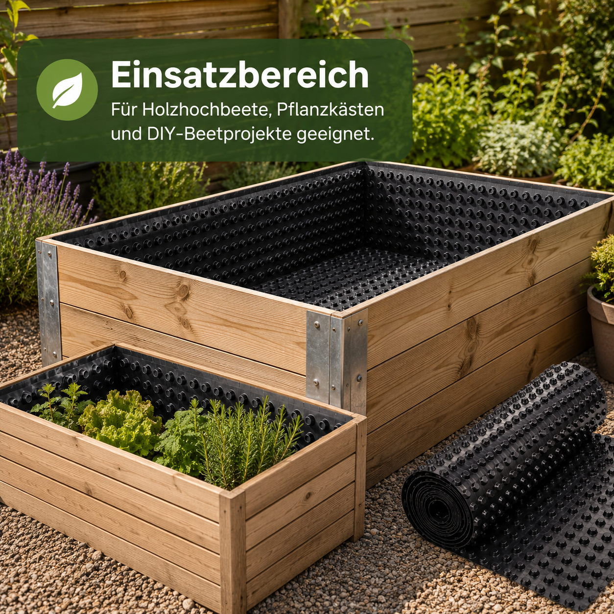 Hochbeet Folie aus Noppenmaterial zum Schutz von Holzbeeten