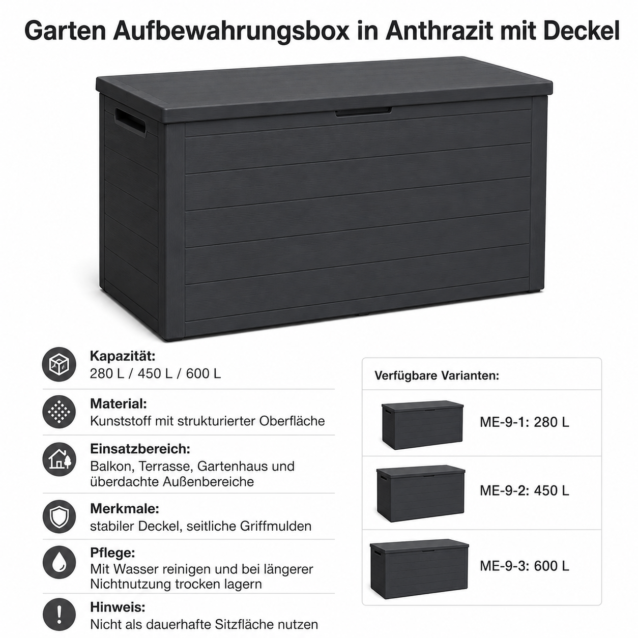 Garten Aufbewahrungsbox in Anthrazit mit Deckel für Kissen und Zubehör