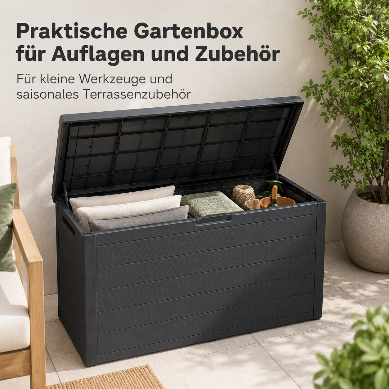 Garten Aufbewahrungsbox in Anthrazit mit Deckel für Kissen und Zubehör