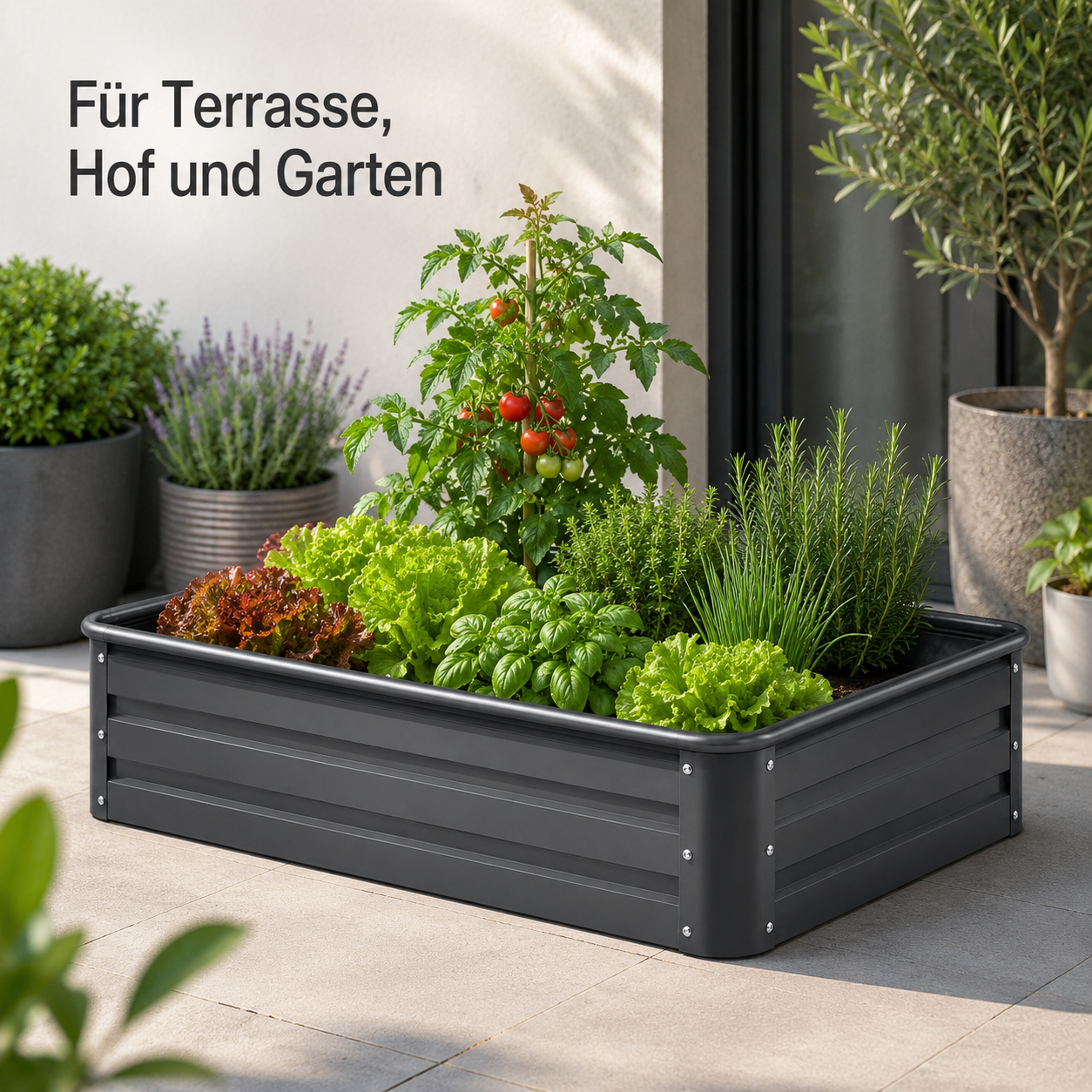 Hochbeet aus verzinktem Stahl in Anthrazit mit offenem Boden