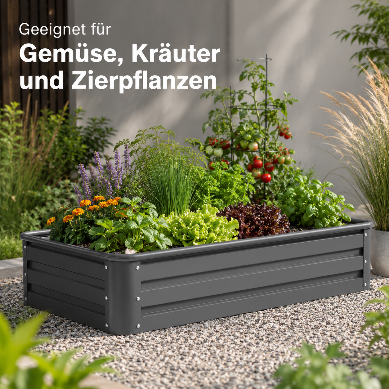 Hochbeet aus verzinktem Stahl in Anthrazit mit offenem Boden