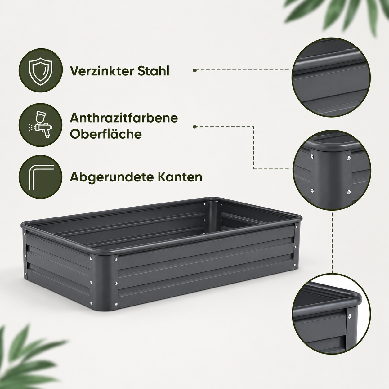 Hochbeet aus verzinktem Stahl in Anthrazit mit offenem Boden